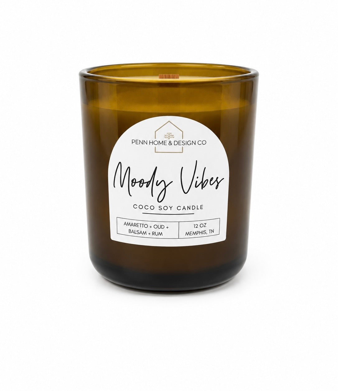 12 oz dark amber glass jar candle with white 'Moody Vibes' label
