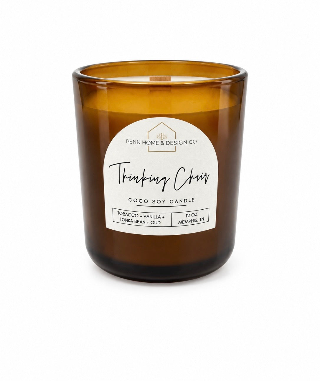 12 oz Thinking Chair candle in amber glass jar hand-poured in Memphis, TN