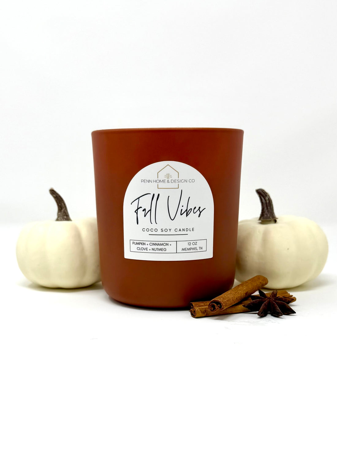 12 oz amber candle jar labeled 'Full Vibes' with cinnamon and star anise
