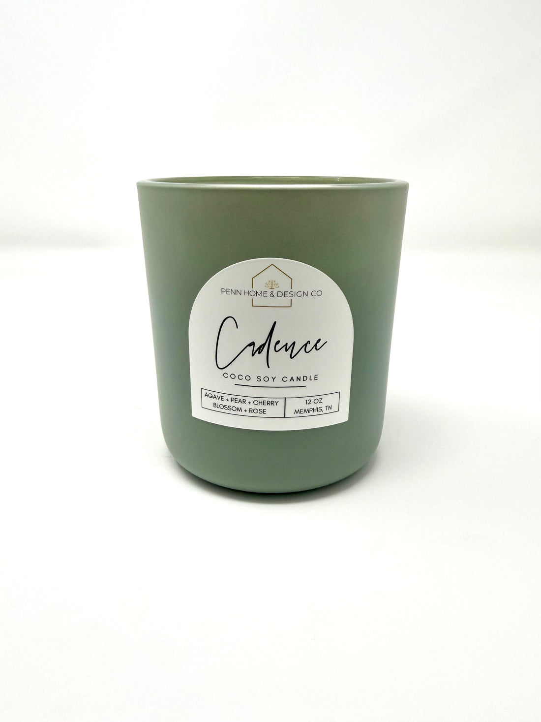 12 oz scented soy candle in matte green glass jar, label centered