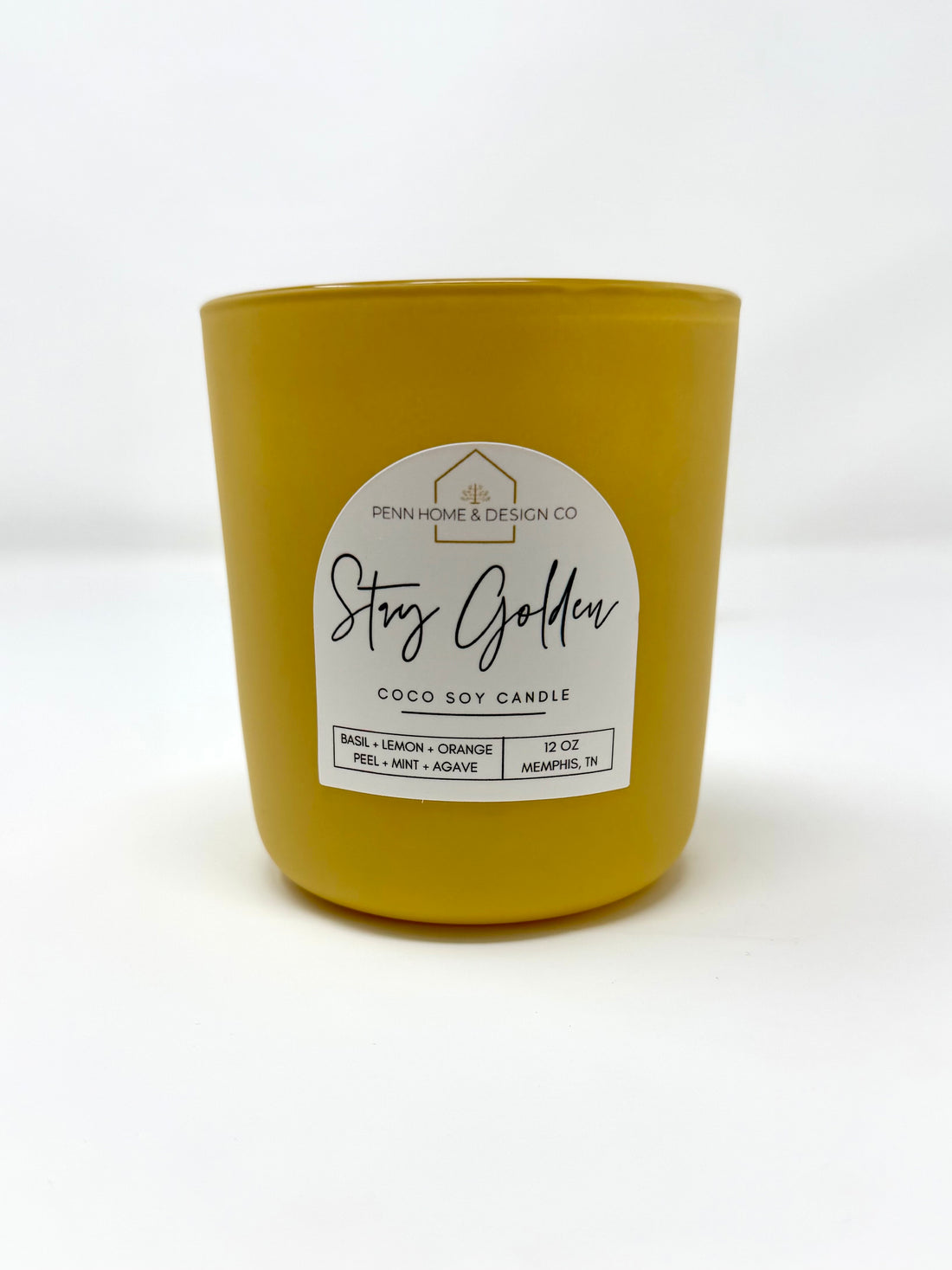 Yellow Stay Golden 12 oz coco soy candle in glass jar with front label
